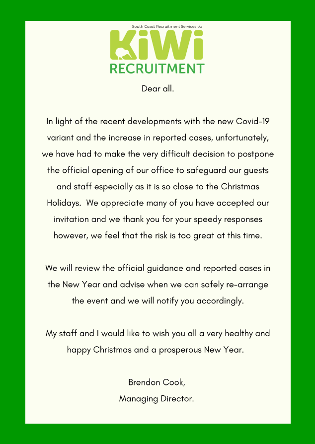 Kiwi Recruitment Office Opening Postponed.